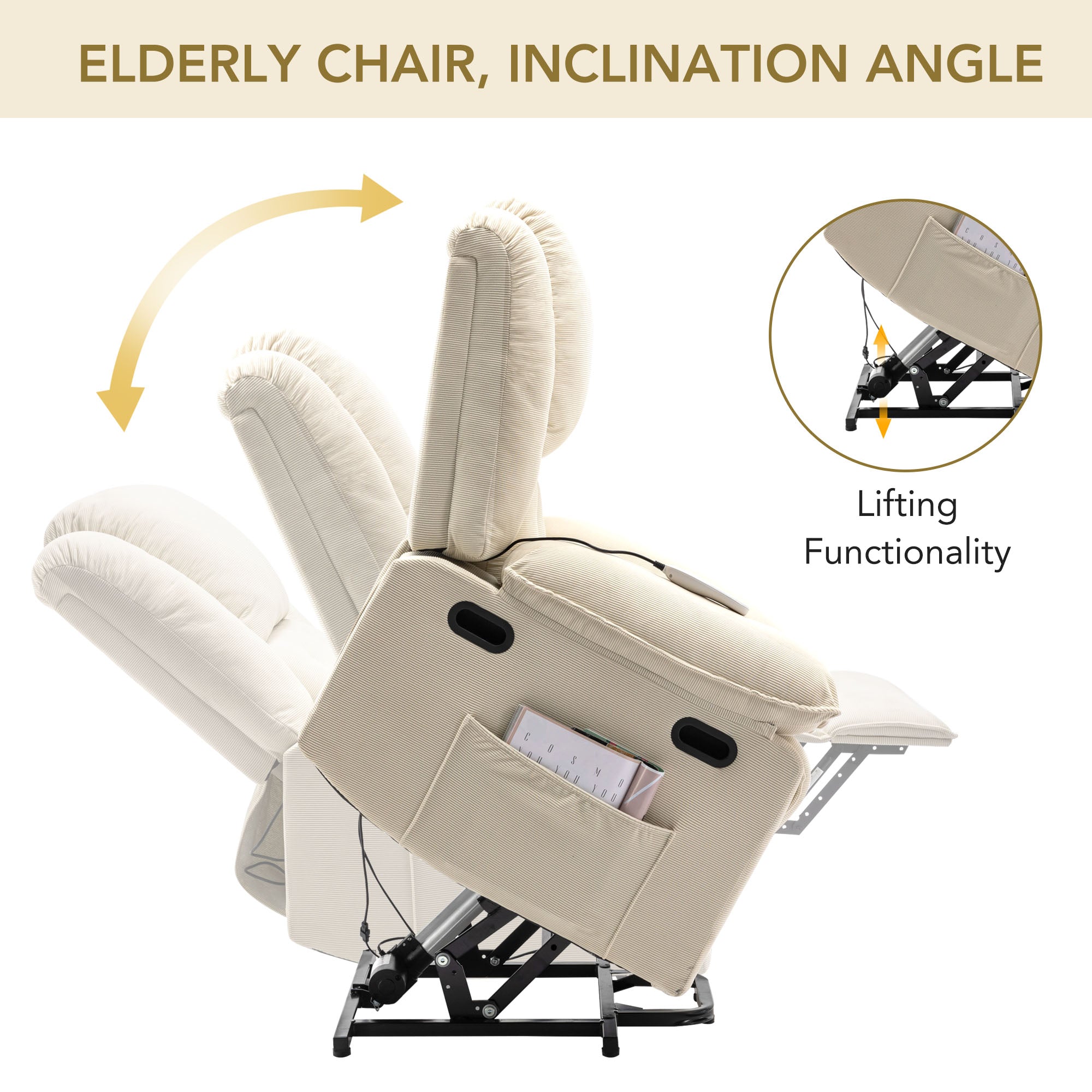 Uwell Mobility Power Lift Recliner Chair for Elderly – Heated Massage Chair with Infinite Position & Side Pocket, Beige