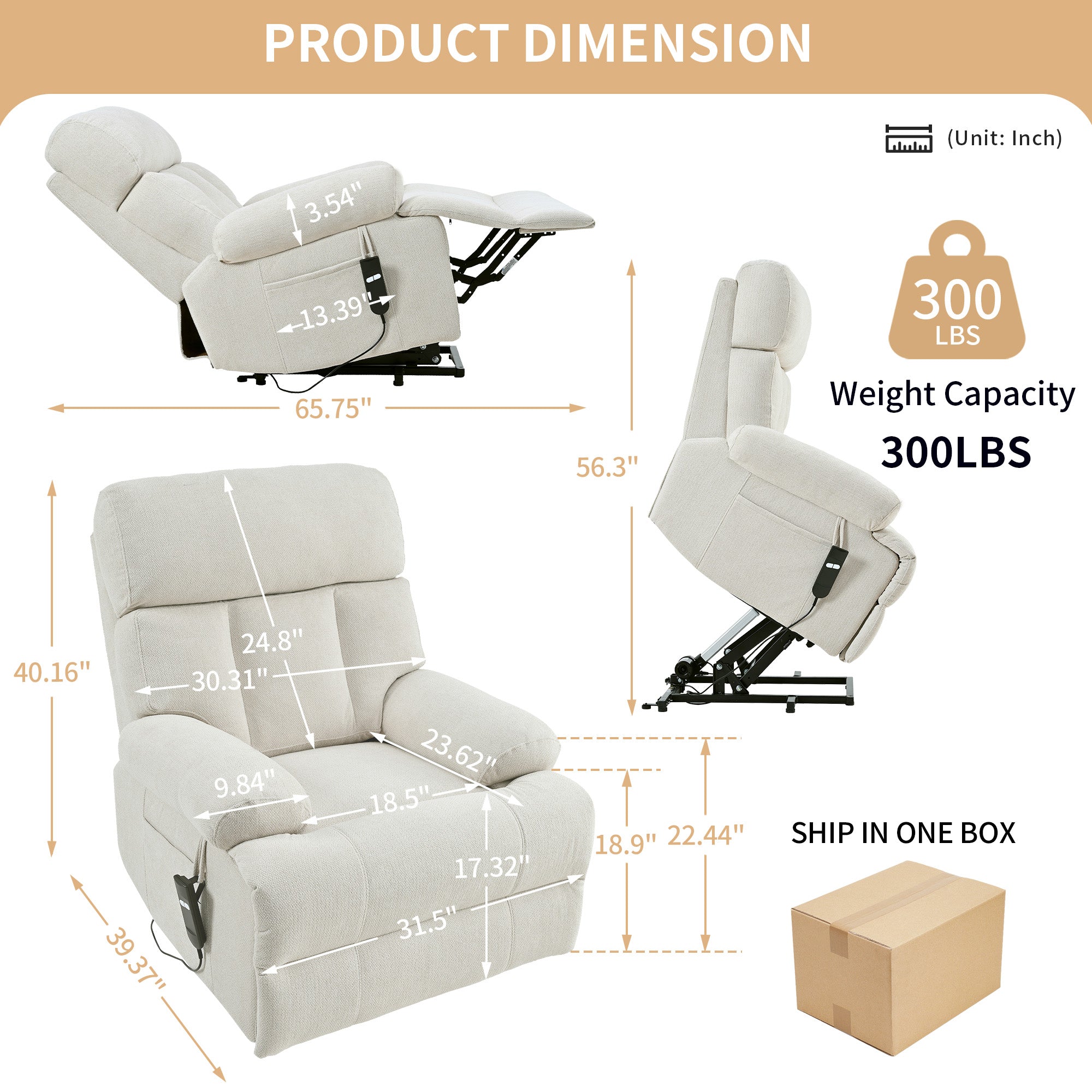 Oversized Power Lift Recliner Chair for Elderly – Electric Fabric Chair with Remote, Wide Seat & Side Pocket, Light Gray