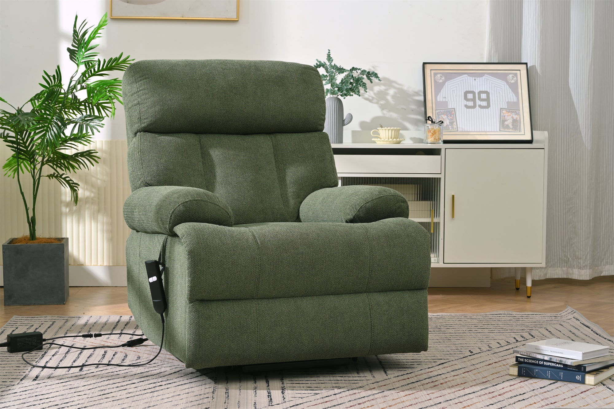 Oversized Power Lift Recliner Chair for Elderly – Electric Fabric Chair with Remote, Wide Seat & Side Pocket, Dark Green