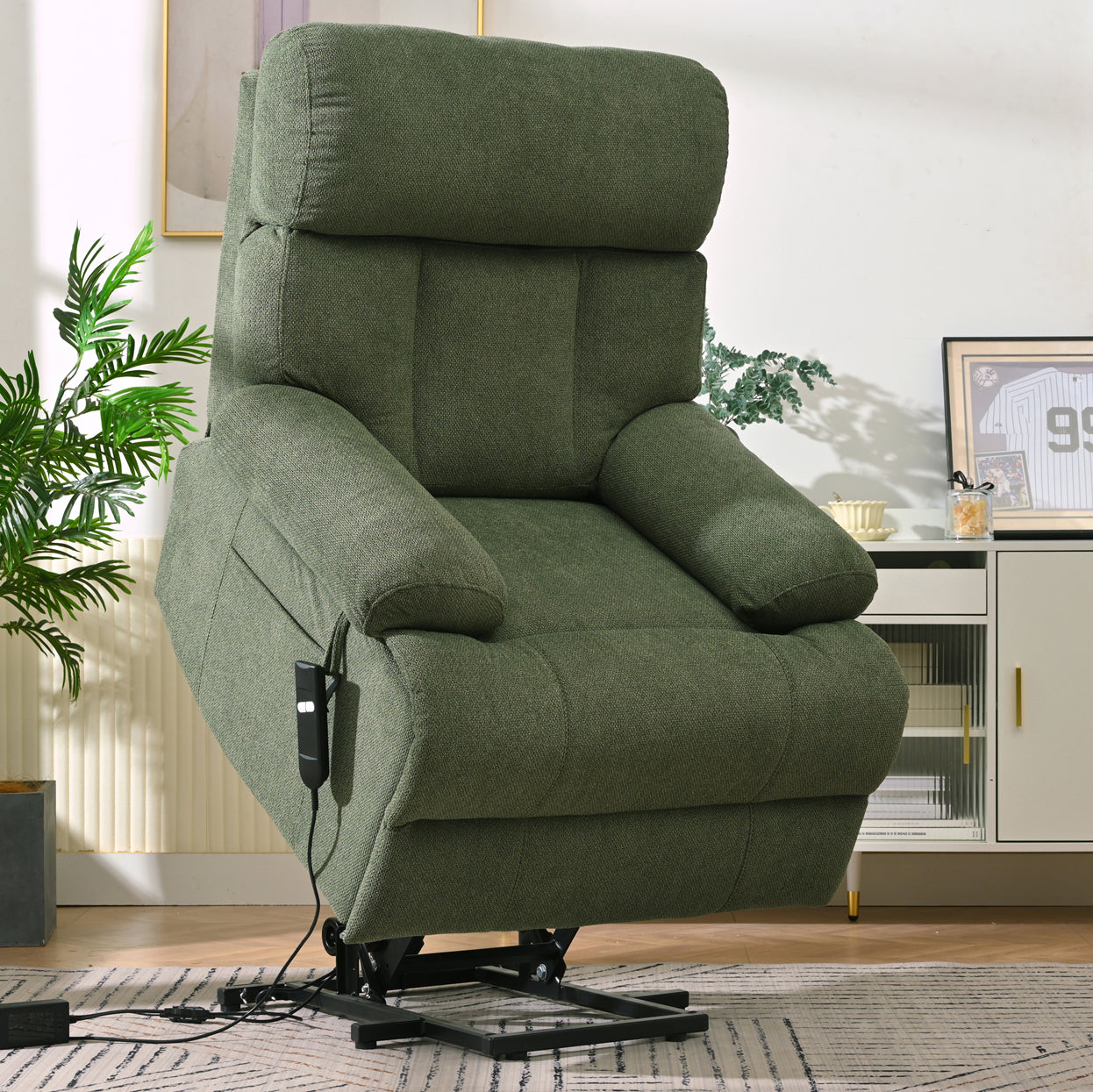 Oversized Power Lift Recliner Chair for Elderly – Electric Fabric Chair with Remote, Wide Seat & Side Pocket, Dark Green