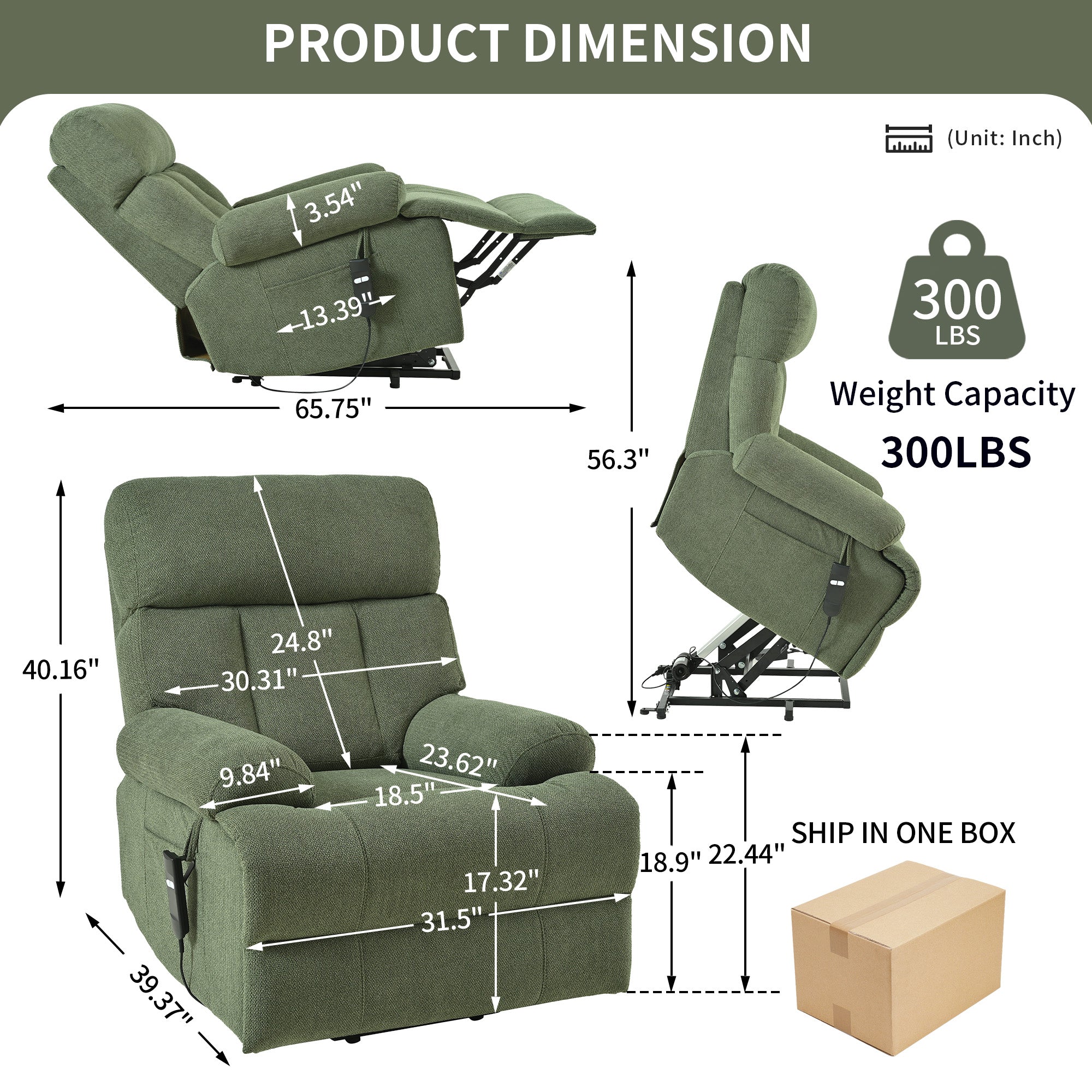 Oversized Power Lift Recliner Chair for Elderly – Electric Fabric Chair with Remote, Wide Seat & Side Pocket, Dark Green