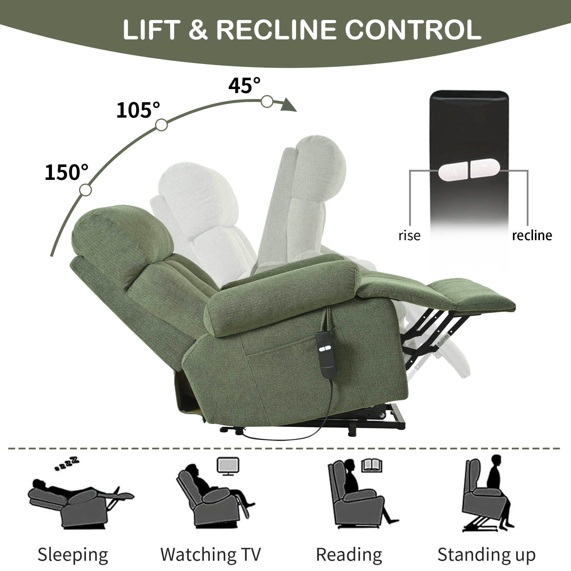 Oversized Power Lift Recliner Chair for Elderly – Electric Fabric Chair with Remote, Wide Seat & Side Pocket, Dark Green