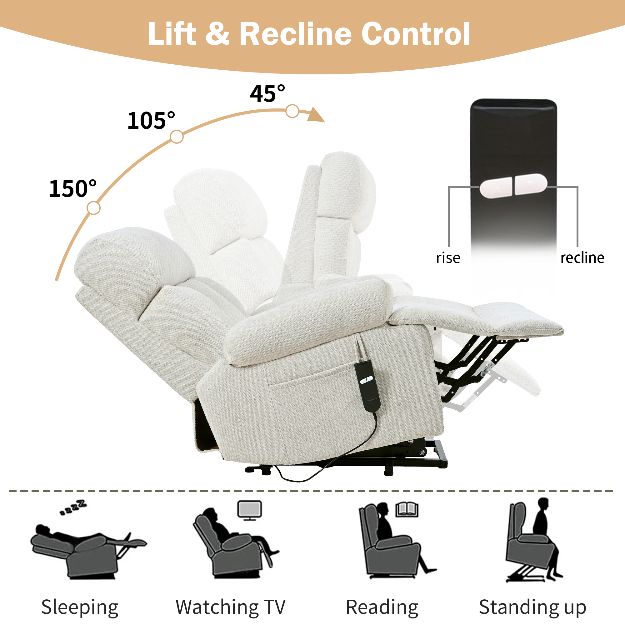 Oversized Power Lift Recliner Chair for Elderly – Electric Fabric Chair with Remote, Wide Seat & Side Pocket, Light Gray